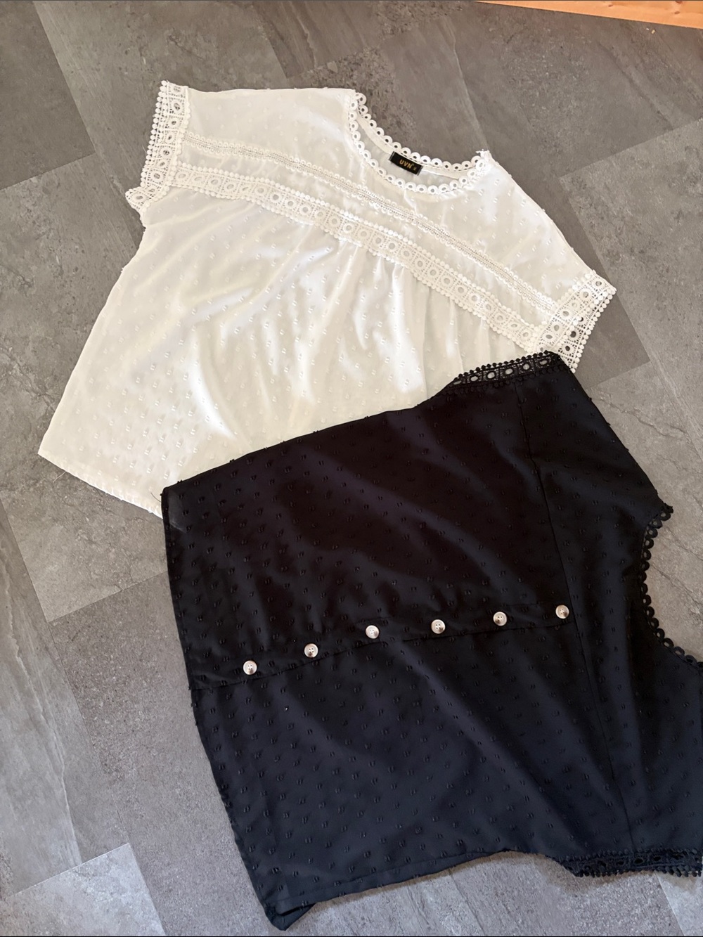 Women's Eyelet Lace Trim Blouse - White and Black